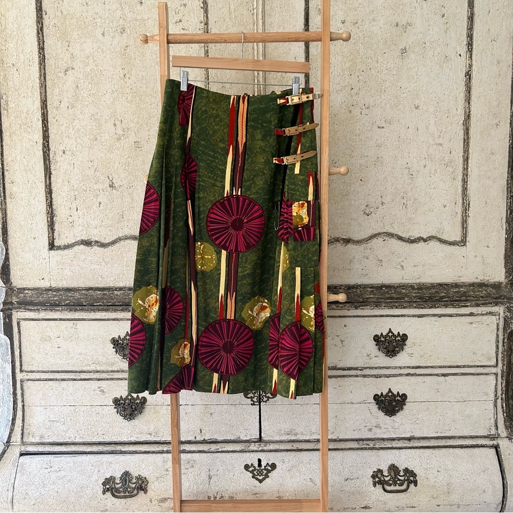 Stella Jean pleated multi color high waist skirt with gold buckle closure